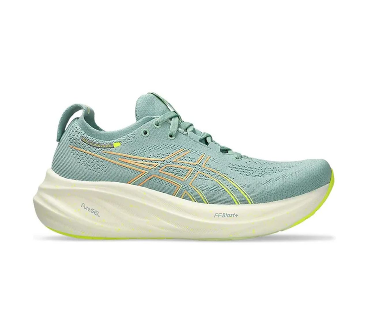 ASICS Nimbus 26 Womens D width Light Celadon Safety Yellow